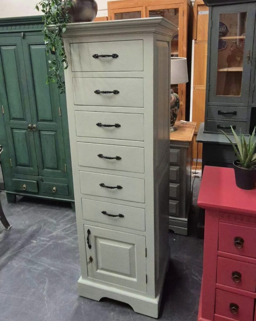 Ladenkast met 6 lades en 1 deurtje
Teakhout, Kleur Real Tundra